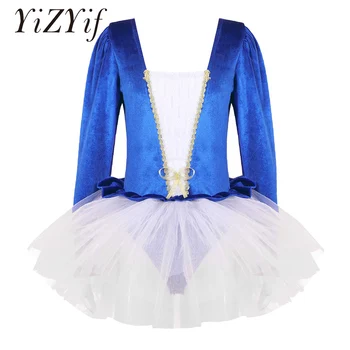 Albastru Copii Fete De Balet, Dans Tricou Tutu Dress Mâneci Lungi De Catifea Bowknot Plasă De Balet Body Gimnastica Tricou Haine