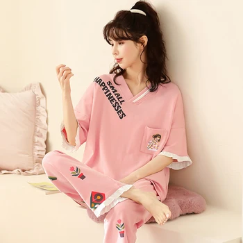 Stil printesa cu maneci scurte casual trening de vara din bumbac pentru femei v-neck ciufulit manșetă pijama set mare de metri M-5XL pijamas mujer