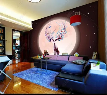 Papel de parede Fantezie cerul înstelat luna iubirii elan mamei și copilului 3D tapet mural,living decor acasă