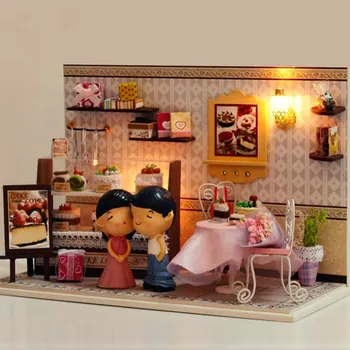 LED tort dulce magazin de mobilier casa papusa diy casă de păpuși din lemn diy casa papusa in miniatura mobilier casă de păpuși pentru copii casă de Jucărie cadou