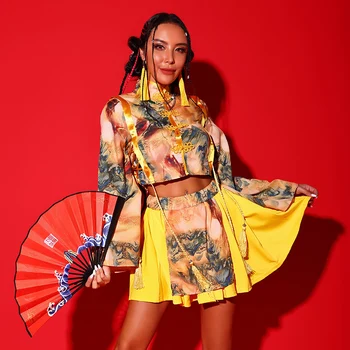 2022 Noul Jazz Dans Costume Pentru Femei Galben Haine Stil Chinezesc Hiphop de Performanță Arată Costumele de Scena Rave Haine DQS11746