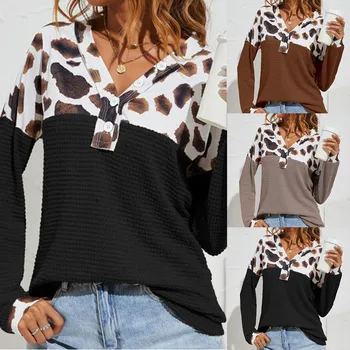 Femei De Moda Pulover De Toamna Iarna De Moda Leopard Imprimate Împletit Solid În Vrac Butonul V-Neck Maneca Lunga Pulover Tricotate 2022