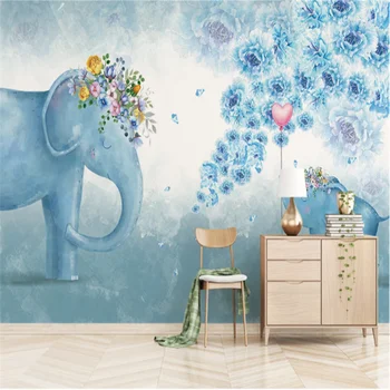 Personalizat Tapet Mural Pictat de Mana Elefant Flori Dormitor pentru Copii TV Living Fundal Pictura pe Perete