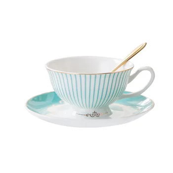 Albastru cu dungi engleză bone china cana de cafea cu o lingură de mâncare, European cafea ceasca si farfurie set,Avansate de Portelan Cana De ceai