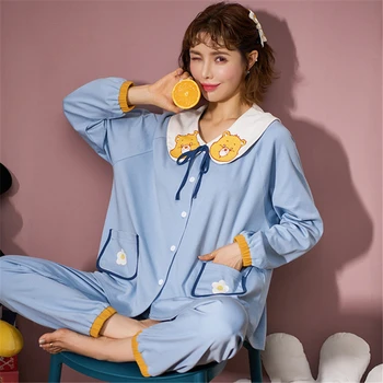 Pijamale costum albastru simplu 2020 maneci lungi bumbac roșu net coreene casual servicii la domiciliu sexy Pijamale new sosire camison mujer