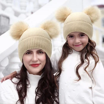 Iarna Tricotate Capace de Culoare Solidă Plus Fleece Mamă și Copil Părinte-Copil Capace Duble Minge de Păr Pălărie Copii Accesorii 1-4 ani