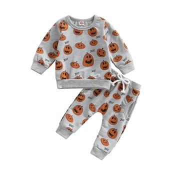 Bmnmsl Copii Băieți Fete Costume De Halloween Maneca Lunga O De Gât Dovleac De Imprimare Topuri + Gri Cordon Pantaloni