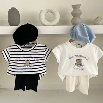 2022 Vara Nou Copil Maneci Scurte Cu Dungi Tricou Bumbac Copii Tee Drăguț Urs De Imprimare Baieti T Shirt Infant Fată Casual Tricou