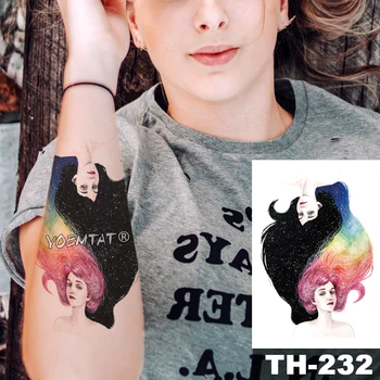 Impermeabil Tatuaj Temporar Autocolant Negru cerul înstelat și curcubeu păr fată model de Transfer de Apă corpul de artă flash tatuaj fals