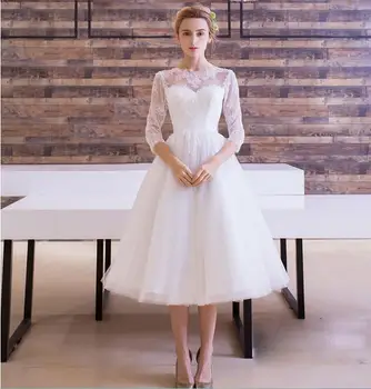 Tul alb domnișoară de Onoare rochie de Mireasa Nunta Rochie de Petrecere Aplicatiile Iluzie Jumătate Maneca Rochie de Bal Elegant vestido de noiva Q011