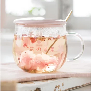 Cana de sticla Sakura Cana Cu Ceai Infuser Filtru și Capac 300ml ceașcă de Cireșe set Flori Flori Ceașcă de ceai Transparente Rezistente la Caldura Glasse