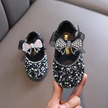Primăvara Fete cu Paiete, Pantofi din Piele pentru Copii Glitter Princess Pantofi Copii Rotund-Deget de la picior Moale Fundul Plat Cristal de Performanță Pantofi