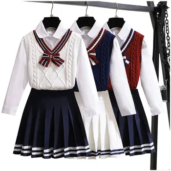 Primavara Toamna fată Vesta coreean V-Gât Tricotate din Lână Subțire, cămașă Albă, Papion stil Japonez student Copii costum din Trei piese, rochii