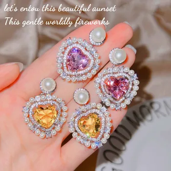 De Lux Galben/Roz Inima Cubic Zirconia Cercei Cu Perle Pentru Femei Eternitate Dragostea Cercel De Logodna Accesorii Moda Bijuterii
