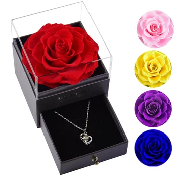 Veșnică Flori Bestia Frumusețea Trandafiri Căsătorie Inel Cutie de Bijuterii pentru Nunta, Ziua Îndrăgostiților, Ziua mamei Cadou de Ziua de nastere cu Colier
