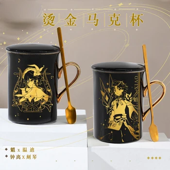 Anime Genshin Impact Paimon Xiao Keqing Zhongli Hu Tao Cafea Ceramică Cu Apă Cana Cana De Aur Ștampilarea Femei Bărbați Lingura + Cupa + Capac