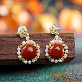 Argint încrustat sud roșu turmalina pearl cercei floare personalizate retro doamnelor rafinate și elegante, logodna bijuterii
