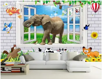 Foto personalizat tapet 3d de Desene animate pentru copii cameră cu elefant zid de cărămidă în afara ferestrei decor acasă tapet pentru pereți 3 d