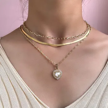 Flatfoosie Simplu de Culoare de Aur de Metal de Șarpe Lanț Colier pentru Femei Multi-Stratificat Dragoste Inima de Cristal Pandantiv Colier Bijuterii Cadou
