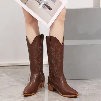 Cowboy la Jumătatea Vițel Cizme pentru Femei 2023 Nou Toamna de Moda Cizme de Vest Doamna Brodate Casual Subliniat Toe Confort Pantofi de Designer