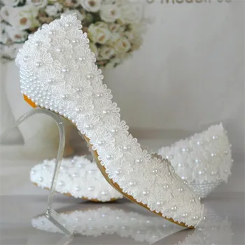 femei strasuri Pompe pantofi alb Dulce de flori de dantela pană pantofi cu toc pantofi de nunta perla