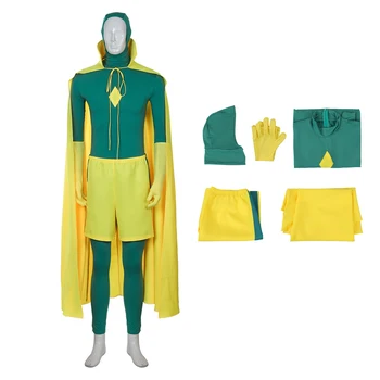Takerlama super-Erou Costum Salopeta cu Manta Galben Capac de Halloween Cosplay Pentru Adult Verde Bodysuit pantaloni Scurți, Mănuși Seturi