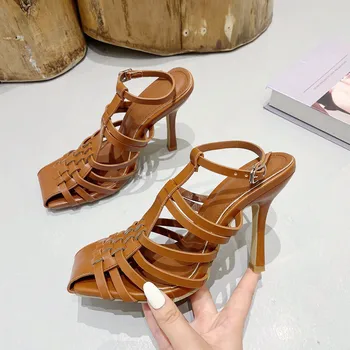 Vara Noi Hollow Out Gladiator Sandale Cu Toc De Moda Handmade Țese Square Toe Stilet Femei Pompe Rochie De Petrecere Pantofi 2022