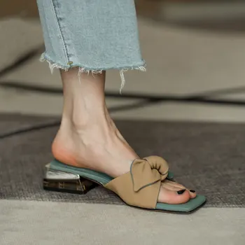 Moda Deget De La Picior Pătrat Femei Papuci Arc-Nod Plat Sandale Pantofi Low-Toc Pantofi Pentru Femei De Moda De Petrecere A Timpului Liber Papuci De Plaja