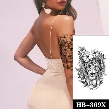 Impermeabil Tatuaj Temporar Autocolant Negru Drăguț Leu Flori Frunze Tatuaje False Flash Tatuaje Braț Picioare Body Art pentru Femei Barbati