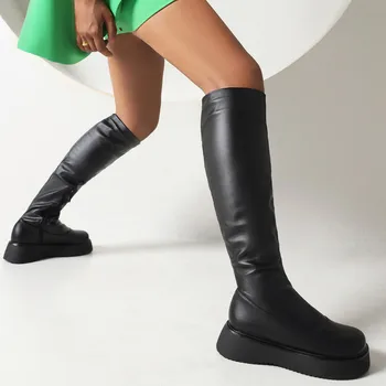 IPPEUM Negru Platforma Cizme de Iarna Noua Runda Deget de la picior cu Fermoar Lateral Genunchi Platformă Înaltă Elastic Cizme Zapatos De Mujer Tendencia 2022