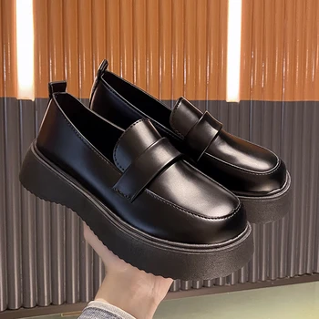 2022 Vintage Anglia Stil Platforma Pantofi Din Piele Med Toc Rotund Toe Bocanc Pompe Casual Student Cap Mare Tocuri Zapatos De Mujer