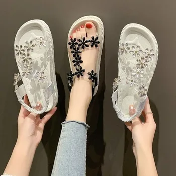 Sandale Stil Zână De Vară 2022 Noua Banda Elastica Stras Floare Student Plat Plaja Roman Pantofi