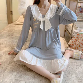 2021 Primăvară Nouă Cămașă De Bumbac Pieptănat Coreea Culoare Pură Dulce Minunat Pulover Maneca Lunga Housewear Pijamale Femei