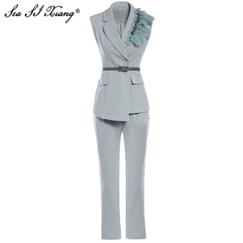 Seasixiang Designer De Moda De Vara Set Femei Fără Mâneci Cristal Eșarfe Topuri + Pantaloni De Creion Solid De Două Bucata Costum