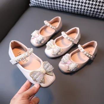 2022 Primăvara și Toamna Fete din Piele Pantofi de Vară Moale Copii Mary Janes Printesa Plat Britanic Arc cu Perle Rochie Chic Sandale