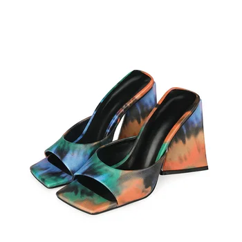 Tie-Dye Green Pantofi Pentru Femei de Moda de Imprimare 3D cu Toc Sandale Stil Britanic Papuci de casă Plus Dimensiune 45 De Deget de la picior Pătrat Exterior Papuci