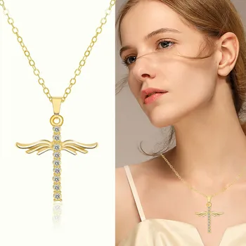 WANGAIYAO noua moda temperament aripi de înger doamnelor pandantiv simplu și versatil cruce incrustate cu zircon bijuterii colier Valentine