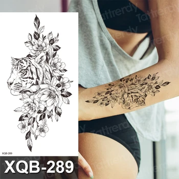 Floare Neagra Cu Maneci Art Corp Rezistent La Apa Tatuaje Temporare Femei Frumusete Sexy Trandafir Bujor Tigru Fals Flash Moda Autocolant Tatuaj