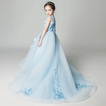 Trailing lungi Fata de Nunta, Rochii Elegante-Tul Albastru Fluture Prima Rochie de comuniune Copii de Seara Formale Printesa Rochie Tutu