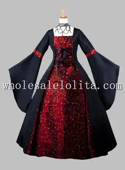 Gotic Negru și Roșu Închis Imprimare Mâneci Kimono Epoca Victoriană Rochie