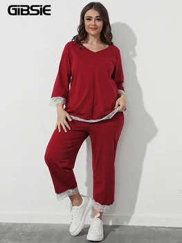 GIBSIE Plus Dimensiunea V Gât Contrast Tiv de Dantelă de Top Și Pantaloni de Pijama Set pentru Femei Primavara 2 Seturi de Piese Body Pijamas Pentru Femei