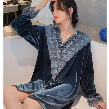 Gri Dantelă Asieta Sleepshirt Femei Velour cămașă de noapte Sexy V-neck Sleepwear Toamna anului Nou Somn Rochie de Catifea Cămașă de noapte Acasă Rochie