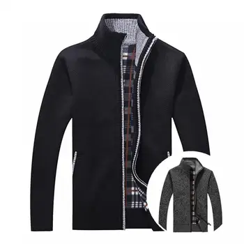 Jacheta De Toamna De Culoare Solidă Îngroșa Pluș Strat Tricotate Pentru Bărbați Haina Casual