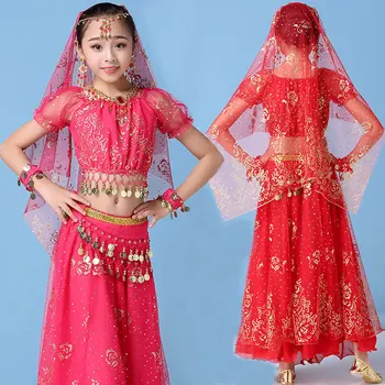 Fata de Burtă de Dans de Haine Bollywood Indian Burta Costume de Dans pentru Copii 4buc Copil Burtă de Dans Îmbrăcăminte pentru Dans Oriental pentru Etapa