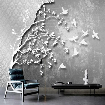 Personalizat Copac Cu Alb Negru Păsări care Zboară Poster Living TV de Fundal pictura Murala de Perete Tapet Pentru Dormitor Pereti Actele De Pare