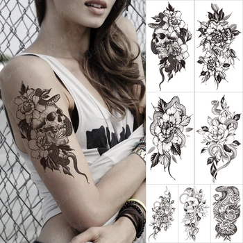 Impermeabil Tatuaj Temporar Sticker Craniu flori de bujor șarpe Flash Tatuaje dragon vechi de școală Body Art Brațul False, Tatuaj Femei Bărbați