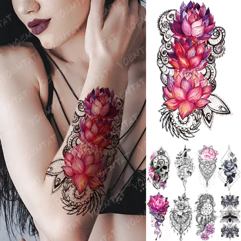 Impermeabil Tatuaj Temporar Autocolant Lotus Roz Dantelă Flori Flash Tatuaje Snake Dragon Body Art Brațul False, Tatuaj Femei Bărbați