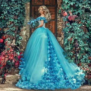2023 Albastru De Pe Umăr Rochii Quinceanera Roșu Rochie De Bal Tul Flori Formale Petrecere De Seara Sweet 18 Vestidos Elegant Rochie De Bal