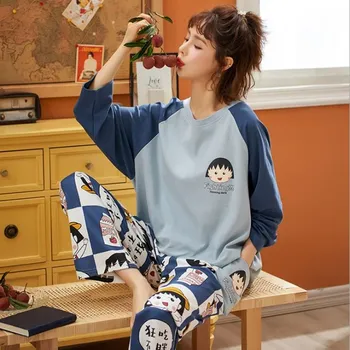 Japonia Anime Toamna Pijamale de Bumbac pentru Femei Drăguț Noapte, Pijamale Chibi Maruko-chan Feminin Pijamas Costum de Pijama cu Maneca Lunga Mujer