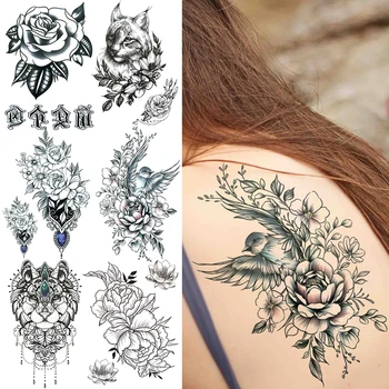 Acuarelă Pasăre Flori Tatuaje Temporare Pentru Femei Adulți Realiste A Crescut De Bijuterii Pandantiv Pisica Fals Autocolant Tatuaj Tatuaje Lavabile